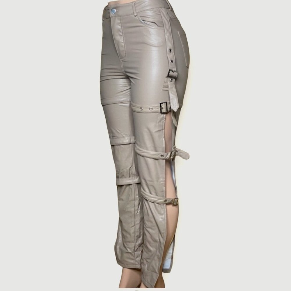 Tan- Hot & Delicious Buckle High Slit Pants